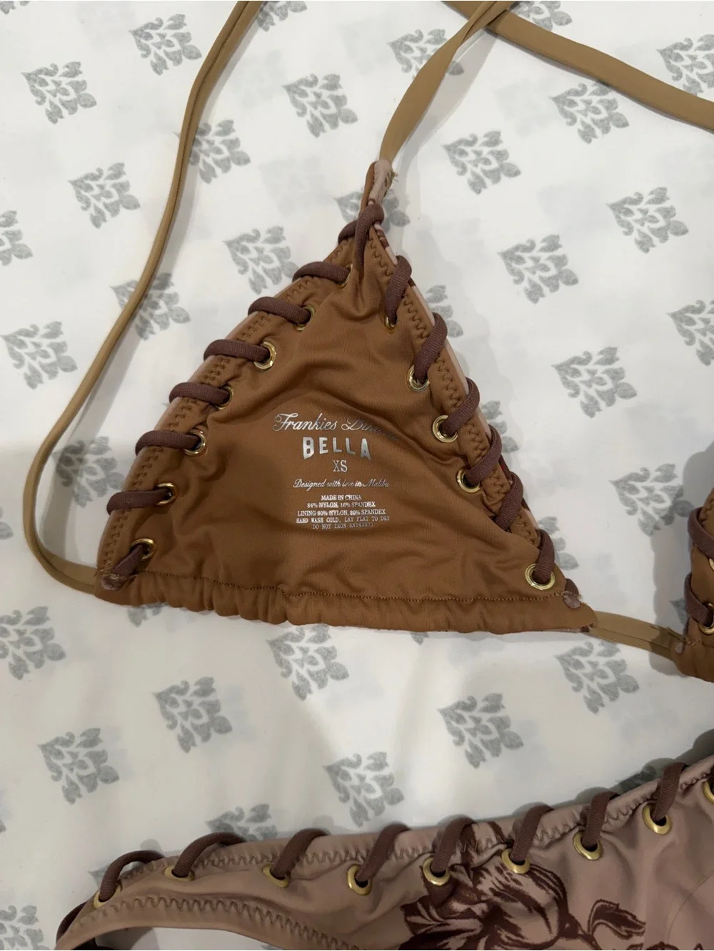 Frankie's Bikinis Bella Hadid Beige Floral Triangle Bikini Set
